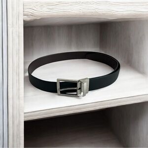 Men’s Belt Reversible Black/Brown Leather Belt Silver Square Buckle Dress Belt